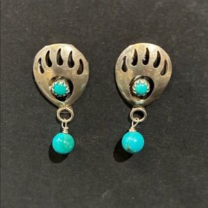 Turquoise Drop Sterling Silver Bear Paw Earrings - Turquoise Jewelry